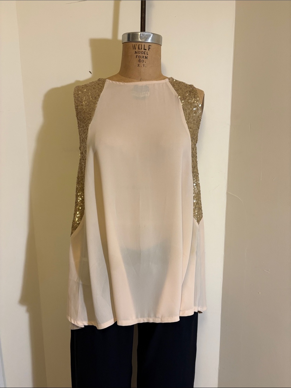 Cream Sequin-Trim Sleeveless Blouse